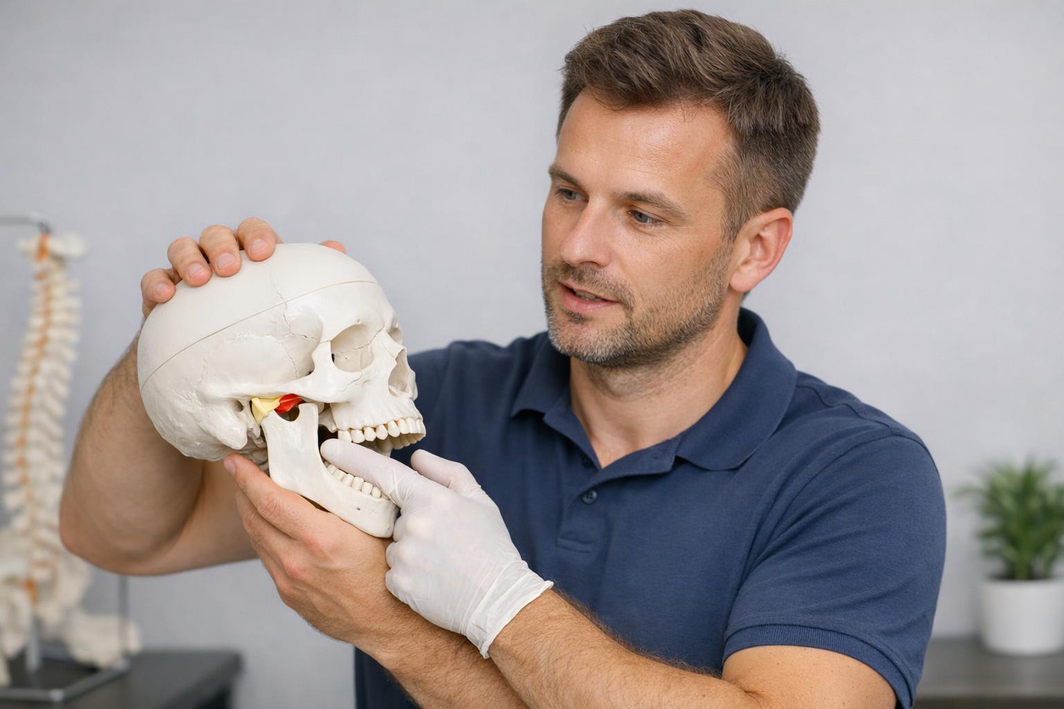 Zdjęcie: prowadzący prezentuje mobilizację stawu skroniowo-żuchwowego na modelu