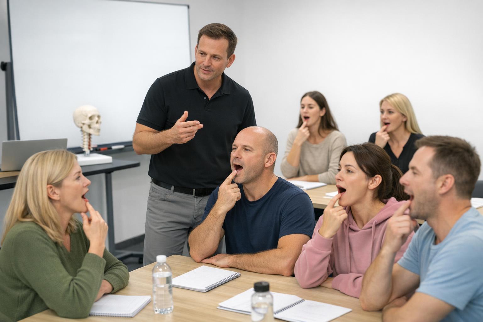 Zdjęcie: uczestnicy kursu wykonują ćwiczenia kontroli otwarcia żuchwy pod nadzorem instruktora