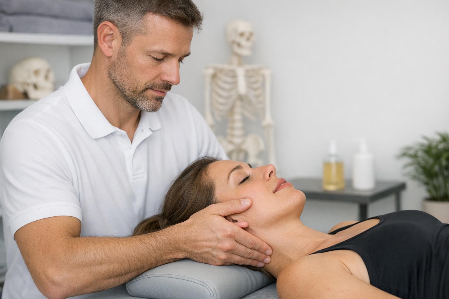 Zdjęcie pokazujące pracę terapeuty z pacjentem nad stawem skroniowo-żuchwowym