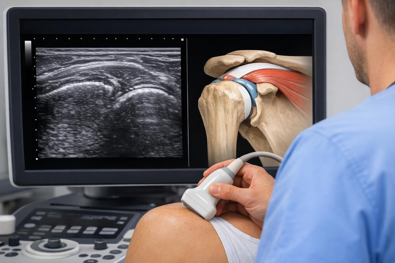 Zdjęcie badania USG barku z wyświetlanym obrazem anatomicznym