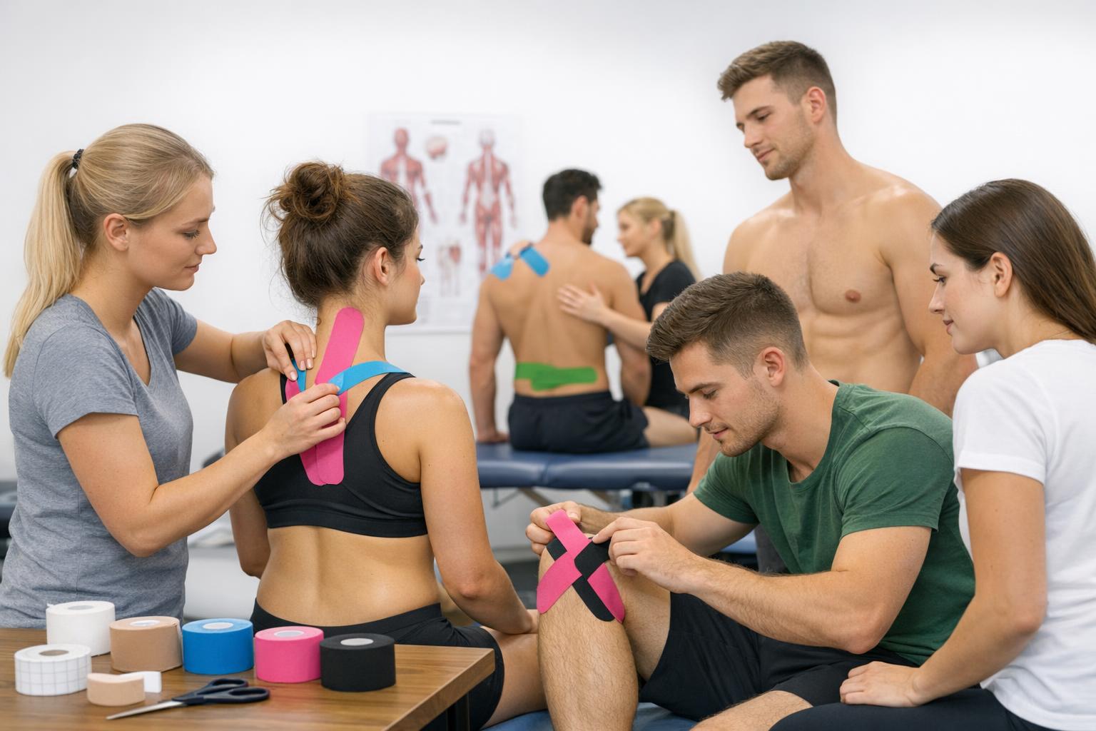 Zajęcia praktyczne: uczestnicy ćwiczą aplikacje kinesiotapingu na modelach